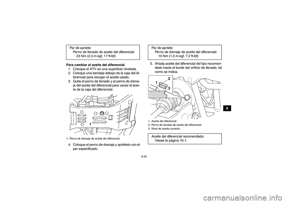 YAMAHA GRIZZLY 660 2007  Manuale de Empleo (in Spanish) 8-25
8 Para cambiar el aceite del diferencial
1. Coloque el ATV en una superficie nivelada.
2. Coloque una bandeja debajo de la caja del di-
ferencial para recoger el aceite usado.
3. Quite el perno d