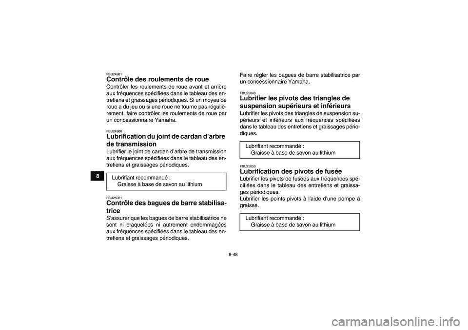 YAMAHA GRIZZLY 660 2007  Notices Demploi (in French) 8-48
8
FBU24961Contrôle des roulements de roue Contrôler les roulements de roue avant et arrière
aux fréquences spécifiées dans le tableau des en-
tretiens et graissages périodiques. Si un moye