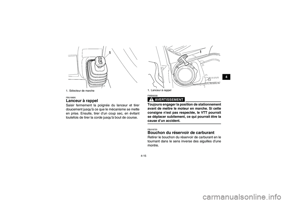 YAMAHA GRIZZLY 660 2007  Notices Demploi (in French) 4-15
4
FBU18690Lanceur à rappel Saisir fermement la poignée du lanceur et tirer
doucement jusqu’à ce que le mécanisme se mette
en prise. Ensuite, tirer d’un coup sec, en évitant
toutefois de 