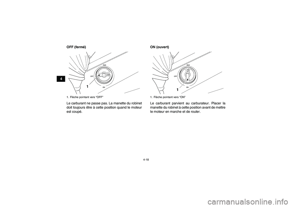 YAMAHA GRIZZLY 660 2007  Notices Demploi (in French) 4-18
4OFF (fermé)
Le carburant ne passe pas. La manette du robinet
doit toujours être à cette position quand le moteur
est coupé.ON (ouvert)
Le carburant parvient au carburateur. Placer la
manette