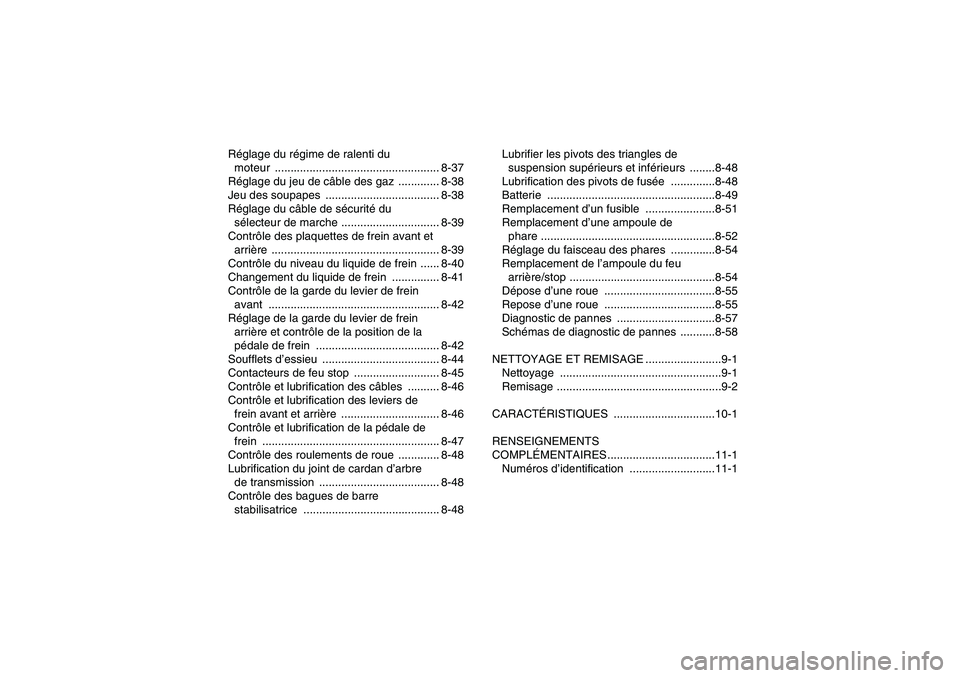 YAMAHA GRIZZLY 660 2007  Notices Demploi (in French) Réglage du régime de ralenti du 
moteur .................................................... 8-37
Réglage du jeu de câble des gaz  ............. 8-38
Jeu des soupapes  ............................