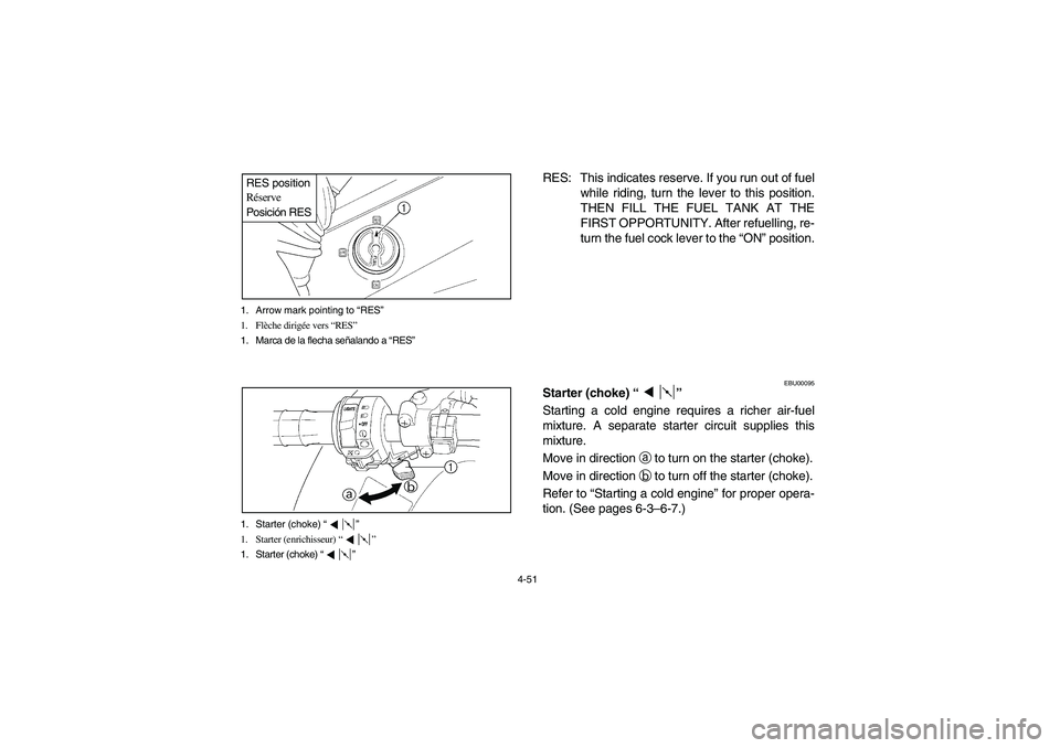 YAMAHA GRIZZLY 660 2006 Owners Manual 4-51 1. Arrow mark pointing to “RES”
1. Flèche dirigée vers “RES”
1. Marca de la flecha señalando a “RES”
RES position
Réserve
Posición RES1. Starter (choke) “”
1. Starter (enrich YAMAHA GRIZZLY 660 2006 Owners Manual 4-51 1. Arrow mark pointing to “RES”
1. Flèche dirigée vers “RES”
1. Marca de la flecha señalando a “RES”
RES position
Réserve
Posición RES1. Starter (choke) “”
1. Starter (enrich