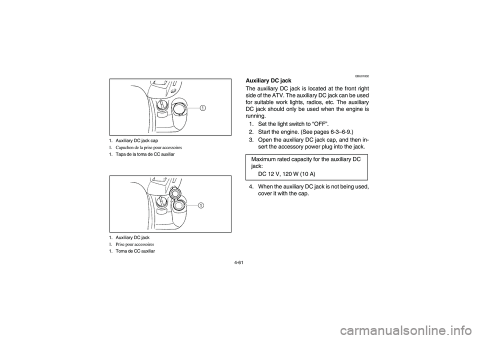 YAMAHA GRIZZLY 660 2006  Owners Manual 4-61 1. Auxiliary DC jack cap
1. Capuchon de la prise pour accessoires
1. Tapa de la toma de CC auxiliar
1. Auxiliary DC jack 
1. Prise pour accessoires
1. Toma de CC auxiliar
EBU01002
Auxiliary DC ja