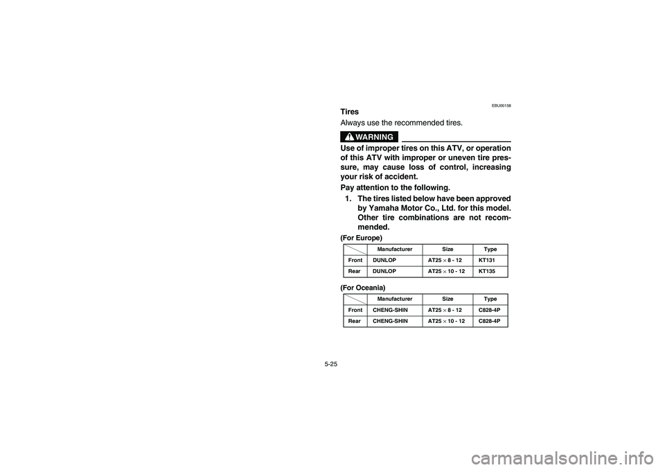 YAMAHA GRIZZLY 660 2006  Owners Manual 5-25
EBU00158
Tires
Always use the recommended tires.
WARNING
Use of improper tires on this ATV, or operation
of this ATV with improper or uneven tire pres-
sure, may cause loss of control, increasing
