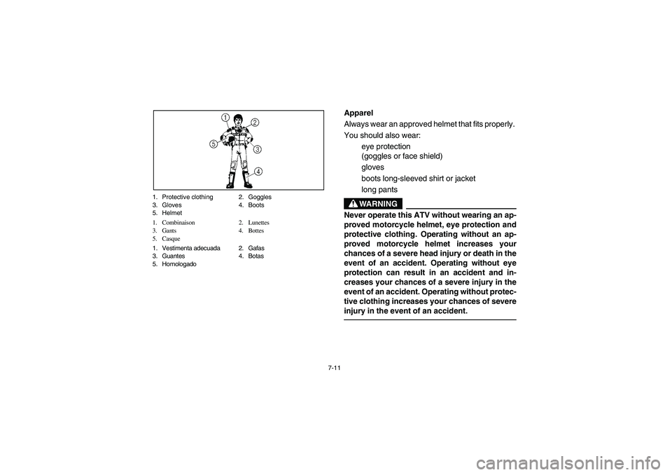 YAMAHA GRIZZLY 660 2006  Notices Demploi (in French) 7-11 1. Protective clothing 2. Goggles
3. Gloves 4. Boots
5. Helmet
1. Combinaison 2. Lunettes
3. Gants 4. Bottes
5. Casque
1. Vestimenta adecuada 2. Gafas
3. Guantes 4. Botas
5. Homologado
Apparel 
A