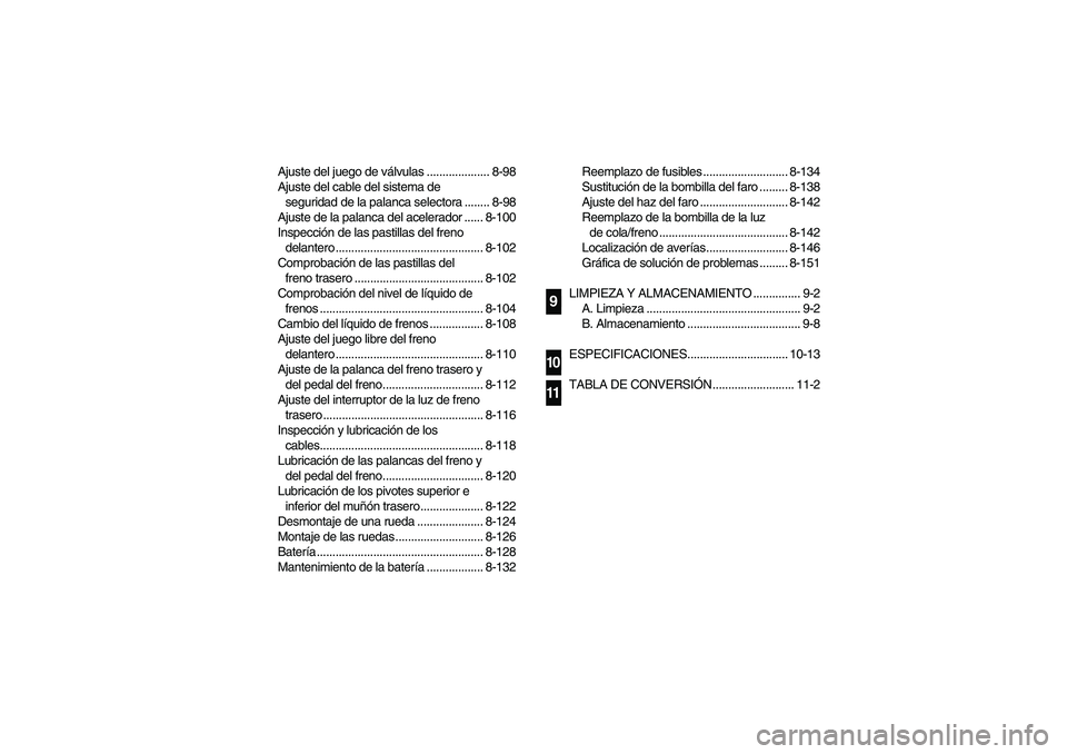 YAMAHA GRIZZLY 660 2006 Owners Manual Ajuste del juego de válvulas .................... 8-98
Ajuste del cable del sistema de
seguridad de la palanca selectora ........ 8-98
Ajuste de la palanca del acelerador ...... 8-100
Inspección de YAMAHA GRIZZLY 660 2006 Owners Manual Ajuste del juego de válvulas .................... 8-98
Ajuste del cable del sistema de
seguridad de la palanca selectora ........ 8-98
Ajuste de la palanca del acelerador ...... 8-100
Inspección de