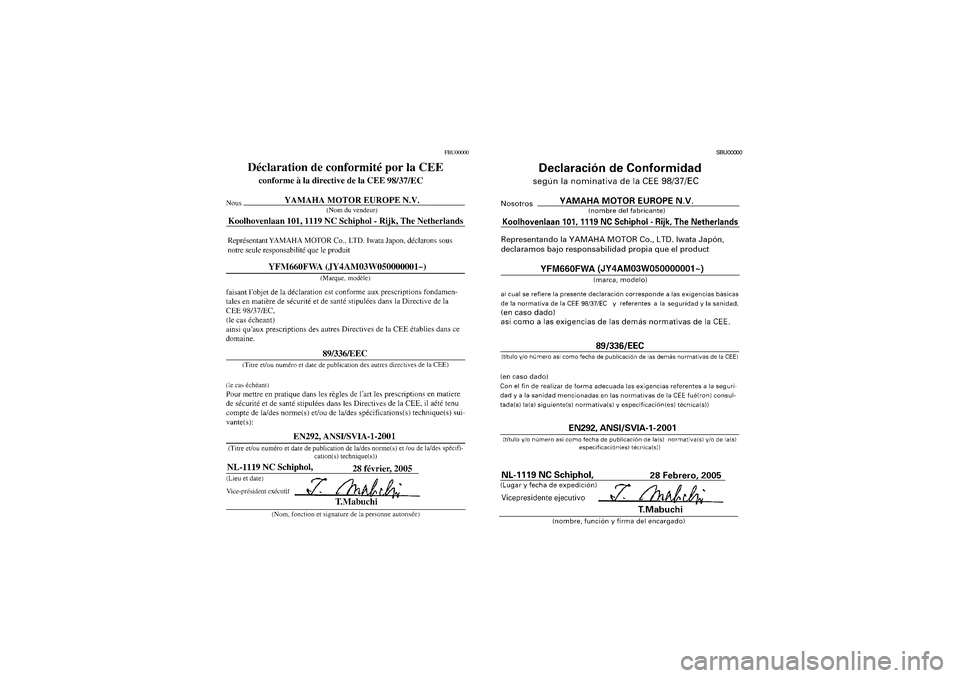 YAMAHA GRIZZLY 660 2006  Owners Manual FBU00000
SBU00000
U2C660.book  Page 3  Monday, April 11, 2005  10:29 AM 