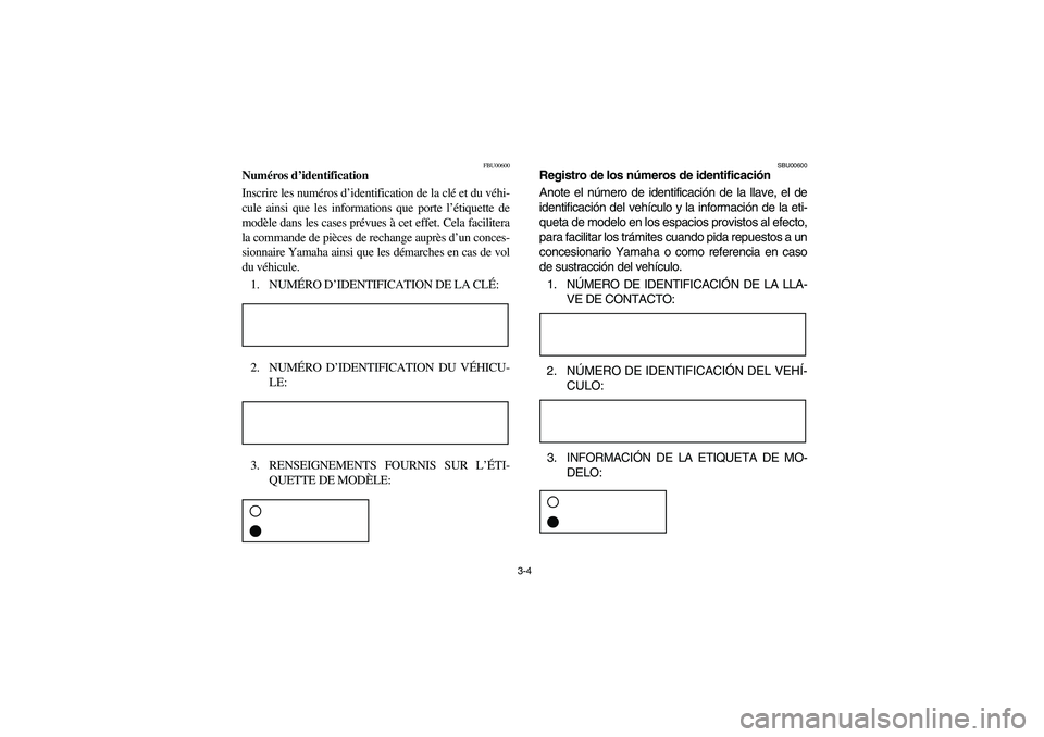 YAMAHA GRIZZLY 660 2006 Workshop Manual 3-4
FBU00600
Numéros d’identification
Inscrire les numéros d’identification de la clé et du véhi-
cule ainsi que les informations que porte l’étiquette de
modèle dans les cases prévues à