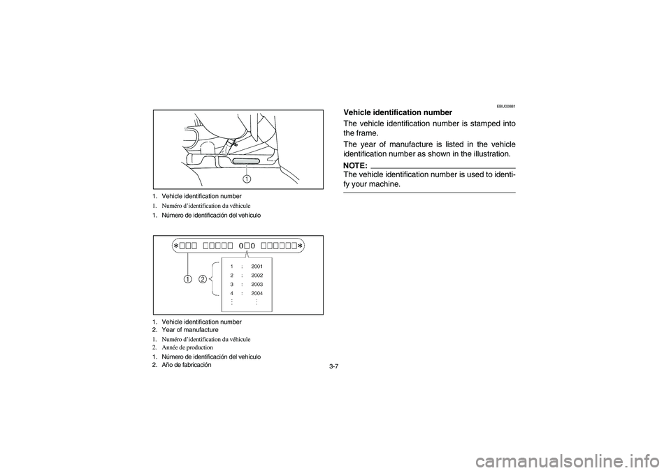 YAMAHA GRIZZLY 660 2006 Workshop Manual 3-7 1. Vehicle identification number
1. Numéro d’identification du véhicule
1. Número de identificación del vehículo
1. Vehicle identification number
2. Year of manufacture
1. Numéro d’ident