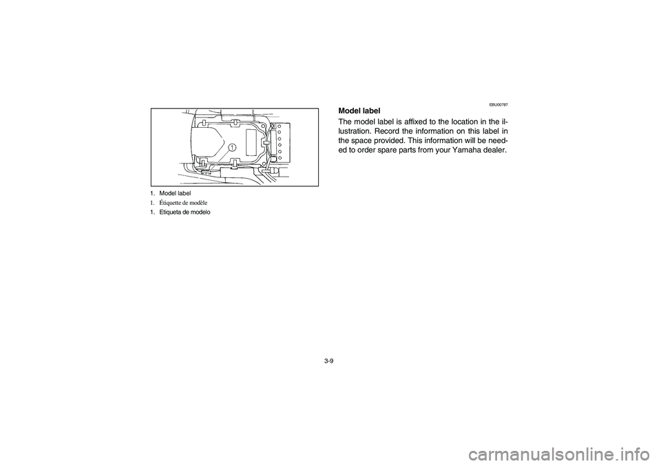 YAMAHA GRIZZLY 660 2006 Manuale de Empleo (in Spanish) 3-9 1. Model label
1.Étiquette de modèle
1. Etiqueta de modelo
EBU00787
Model label
The model label is affixed to the location in the il-
lustration. Record the information on this label in
the spac YAMAHA GRIZZLY 660 2006 Manuale de Empleo (in Spanish) 3-9 1. Model label
1.Étiquette de modèle
1. Etiqueta de modelo
EBU00787
Model label
The model label is affixed to the location in the il-
lustration. Record the information on this label in
the spac
