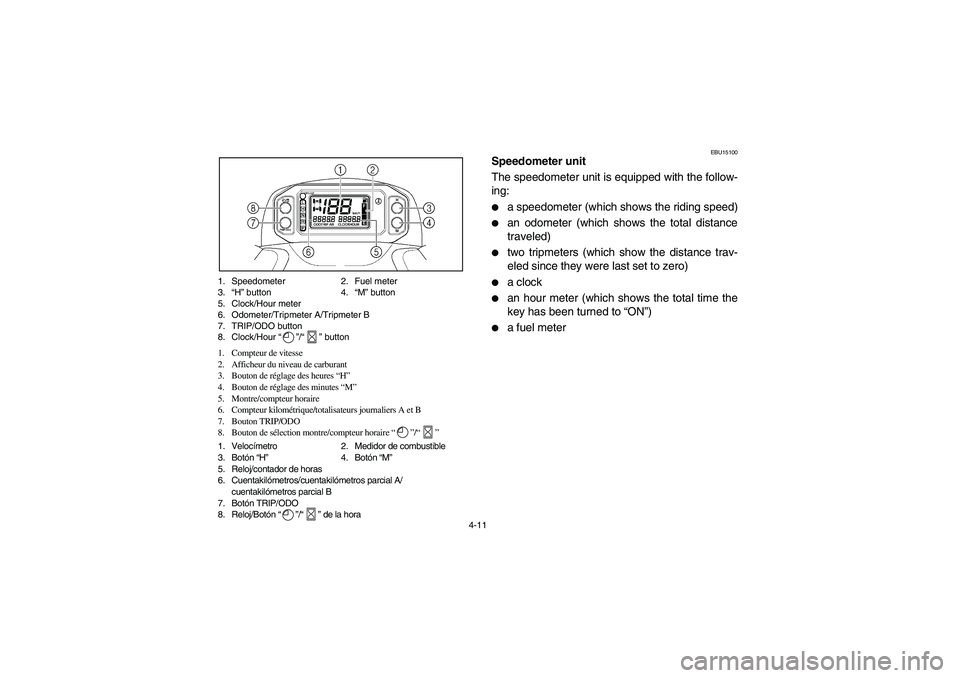 YAMAHA GRIZZLY 660 2006  Manuale de Empleo (in Spanish) 4-11 1. Speedometer 2. Fuel meter
3.“H” button 4.“M” button
5. Clock/Hour meter
6. Odometer/Tripmeter A/Tripmeter B
7. TRIP/ODO button
8. Clock/Hour “”/“” button
1. Compteur de vitesse