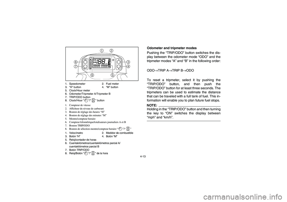 YAMAHA GRIZZLY 660 2006  Manuale de Empleo (in Spanish) 4-13 1. Speedometer 2. Fuel meter
3.“H” button 4.“M” button
5. Clock/Hour meter
6. Odometer/Tripmeter A/Tripmeter B
7. TRIP/ODO button
8. Clock/Hour “”/“” button
1. Compteur de vitesse