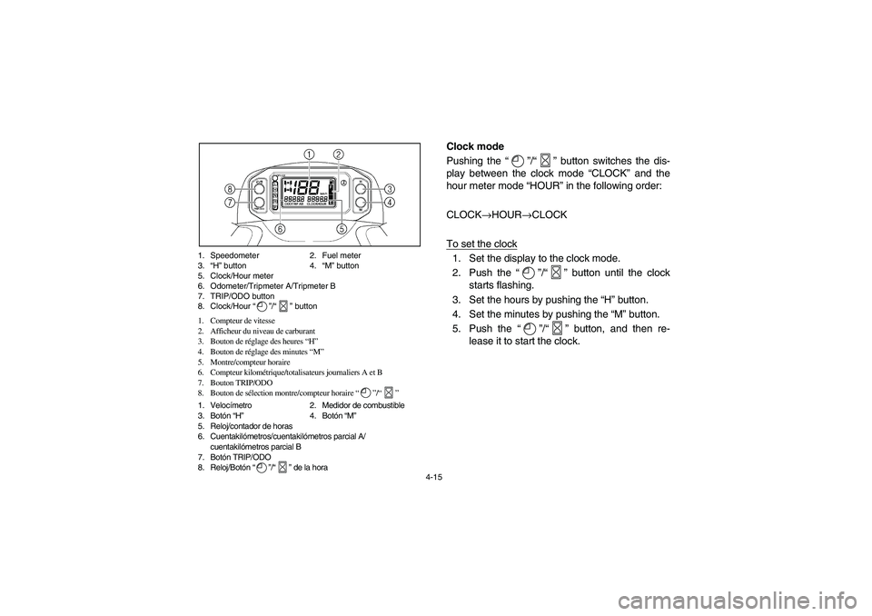 YAMAHA GRIZZLY 660 2006  Manuale de Empleo (in Spanish) 4-15 1. Speedometer 2. Fuel meter
3.“H” button 4.“M” button
5. Clock/Hour meter
6. Odometer/Tripmeter A/Tripmeter B
7. TRIP/ODO button
8. Clock/Hour “”/“” button
1. Compteur de vitesse