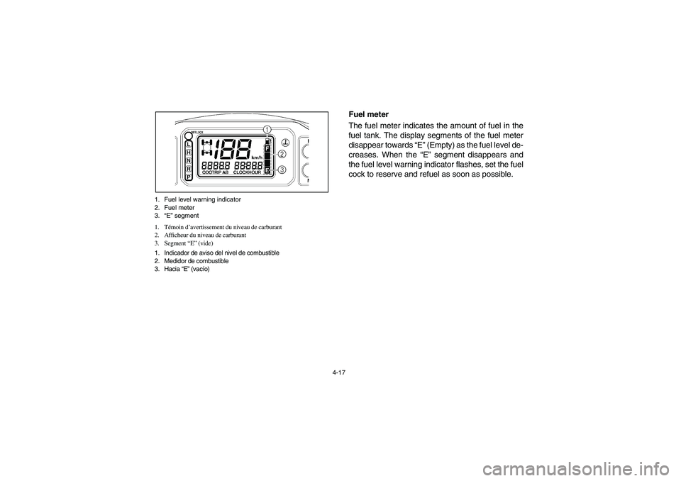 YAMAHA GRIZZLY 660 2006 Manual PDF 4-17 1. Fuel level warning indicator
2. Fuel meter
3.“E” segment
1. Témoin d’avertissement du niveau de carburant
2. Afficheur du niveau de carburant
3. Segment “E” (vide)
1. Indicador de a