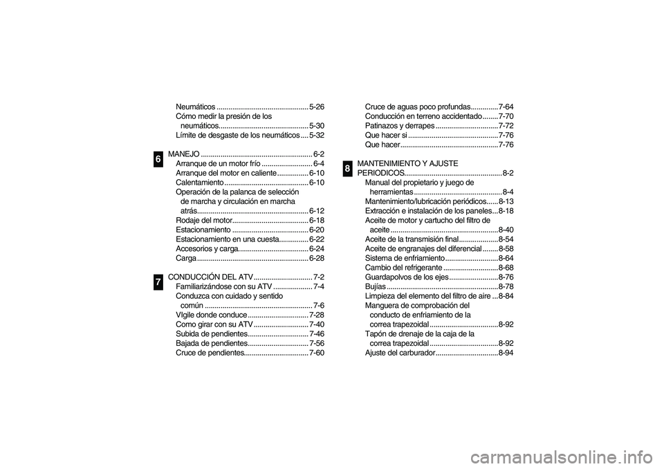 YAMAHA GRIZZLY 660 2005 Owners Manual Neumáticos ............................................... 5-26
Cómo medir la presión de los 
neumáticos.............................................. 5-30
Límite de desgaste de los neumáticos .