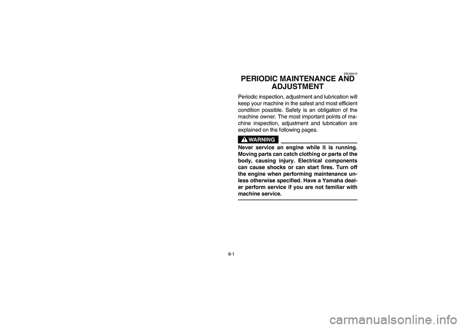 YAMAHA GRIZZLY 660 2005  Owners Manual 8-1
EBU00516
PERIODIC MAINTENANCE AND 
ADJUSTMENTPeriodic inspection, adjustment and lubrication will
keep your machine in the safest and most efficient
condition possible. Safety is an obligation of 