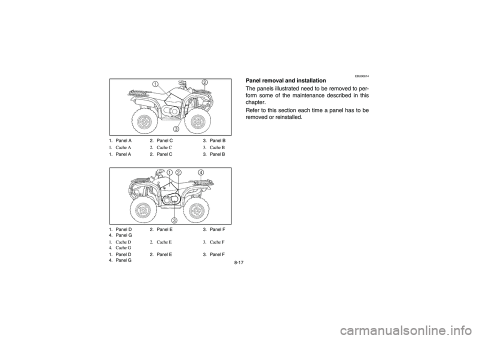 YAMAHA GRIZZLY 660 2005  Owners Manual 8-17 1. Panel A 2. Panel C 3. Panel B
1. Cache A 2. Cache C 3. Cache B
1. Panel A 2. Panel C 3. Panel B
1. Panel D 2. Panel E 3. Panel F
4. Panel G
1. Cache D 2. Cache E 3. Cache F
4. Cache G
1. Panel