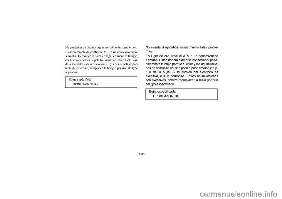 YAMAHA GRIZZLY 660 2005  Manuale de Empleo (in Spanish) 8-80
Ne pas tenter de diagnostiquer soi-même les problèmes. 
Il est préférable de confier le VTT à un concessionnaire
Yamaha. Démonter et vérifier régulièrement la bougie,
car la chaleur et l