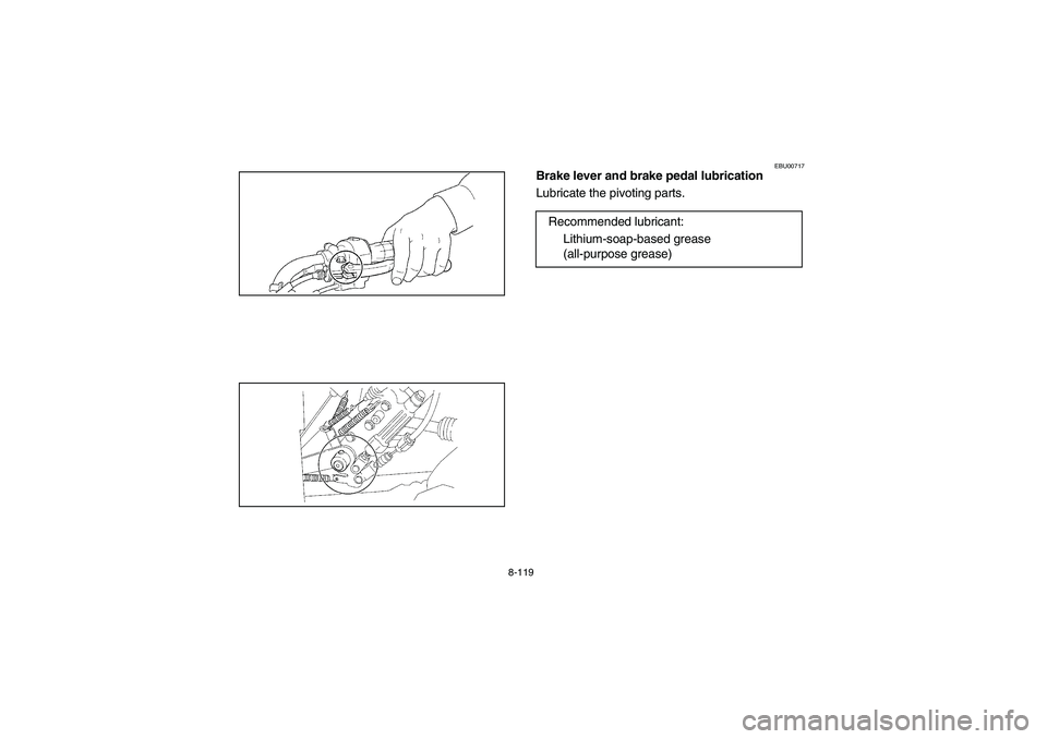 YAMAHA GRIZZLY 660 2005  Manuale de Empleo (in Spanish) 8-119
EBU00717
Brake lever and brake pedal lubrication
Lubricate the pivoting parts.
Recommended lubricant:
Lithium-soap-based grease 
(all-purpose grease)
U5KM63.book  Page 119  Monday, March 15, 200