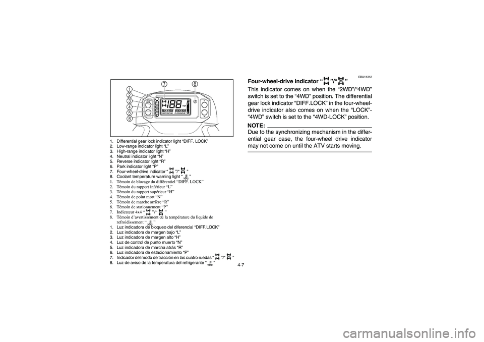 YAMAHA GRIZZLY 660 2005  Manuale de Empleo (in Spanish) 4-7
EBU11312
Four-wheel-drive indicator “”/“” 
This indicator comes on when the “2WD”/“4WD”
switch is set to the “4WD” position. The differential
gear lock indicator “DIFF.LOCK�