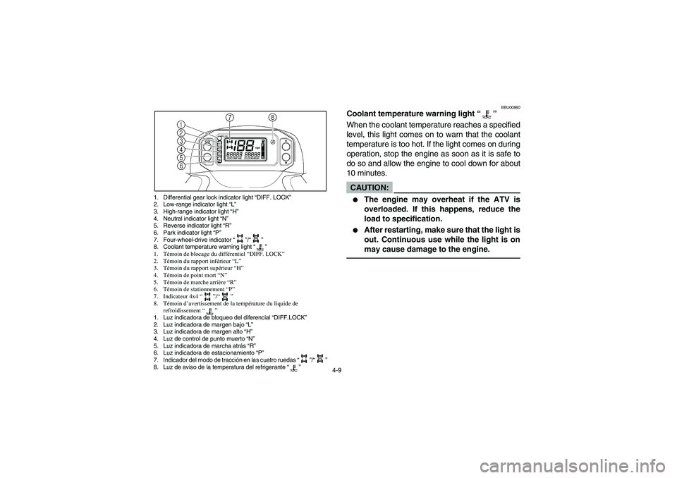 YAMAHA GRIZZLY 660 2005  Manuale de Empleo (in Spanish) 4-9
EBU00860
Coolant temperature warning light “”
When the coolant temperature reaches a specified
level, this light comes on to warn that the coolant
temperature is too hot. If the light comes on