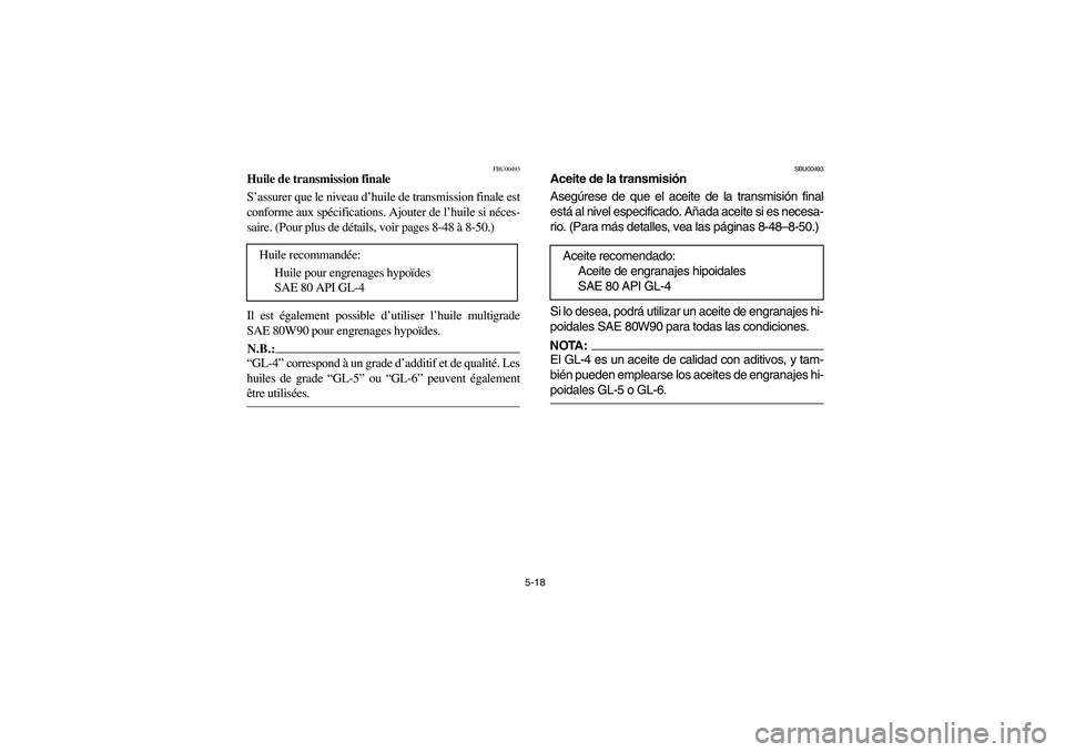 YAMAHA GRIZZLY 660 2004  Notices Demploi (in French) 5-18
FBU00493
Huile de transmission finale
S’assurer que le niveau d’huile de transmission finale est
conforme aux spécifications. Ajouter de l’huile si néces-
saire. (Pour plus de détails, v