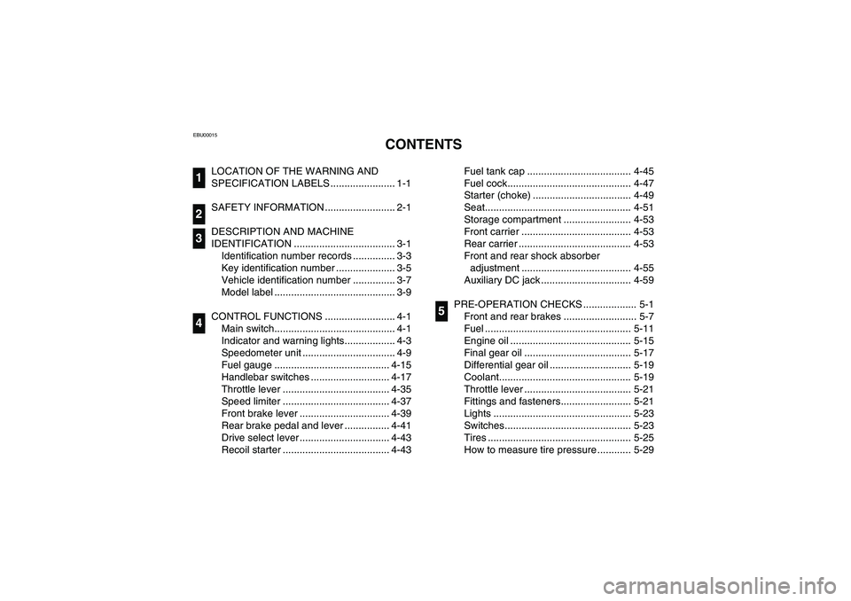 YAMAHA GRIZZLY 660 2004  Owners Manual EBU00015
1-CONTENTS
LOCATION OF THE WARNING AND 
SPECIFICATION LABELS ....................... 1-1
SAFETY INFORMATION ......................... 2-1
DESCRIPTION AND MACHINE 
IDENTIFICATION .............