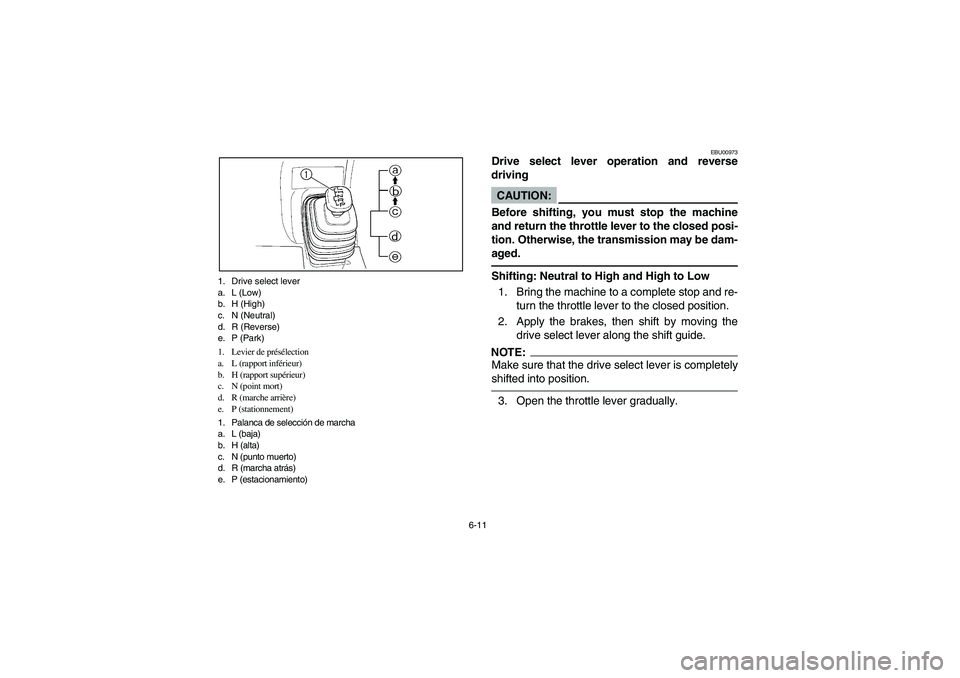 YAMAHA GRIZZLY 660 2004  Notices Demploi (in French) 6-11 1. Drive select lever
a. L (Low)
b. H (High)
c. N (Neutral)
d. R (Reverse)
e. P (Park)
1. Levier de présélection
a. L (rapport inférieur)
b. H (rapport supérieur)
c. N (point mort)
d. R (marc