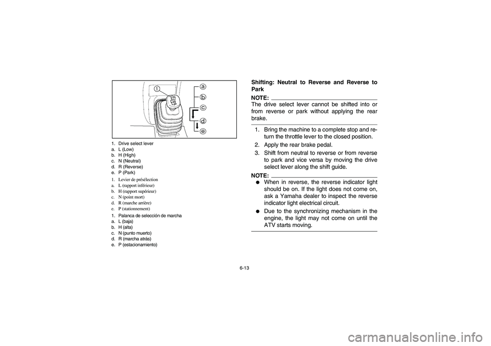 YAMAHA GRIZZLY 660 2004  Owners Manual 6-13 1. Drive select lever
a. L (Low)
b. H (High)
c. N (Neutral)
d. R (Reverse)
e. P (Park)
1. Levier de présélection
a. L (rapport inférieur)
b. H (rapport supérieur)
c. N (point mort)
d. R (marc