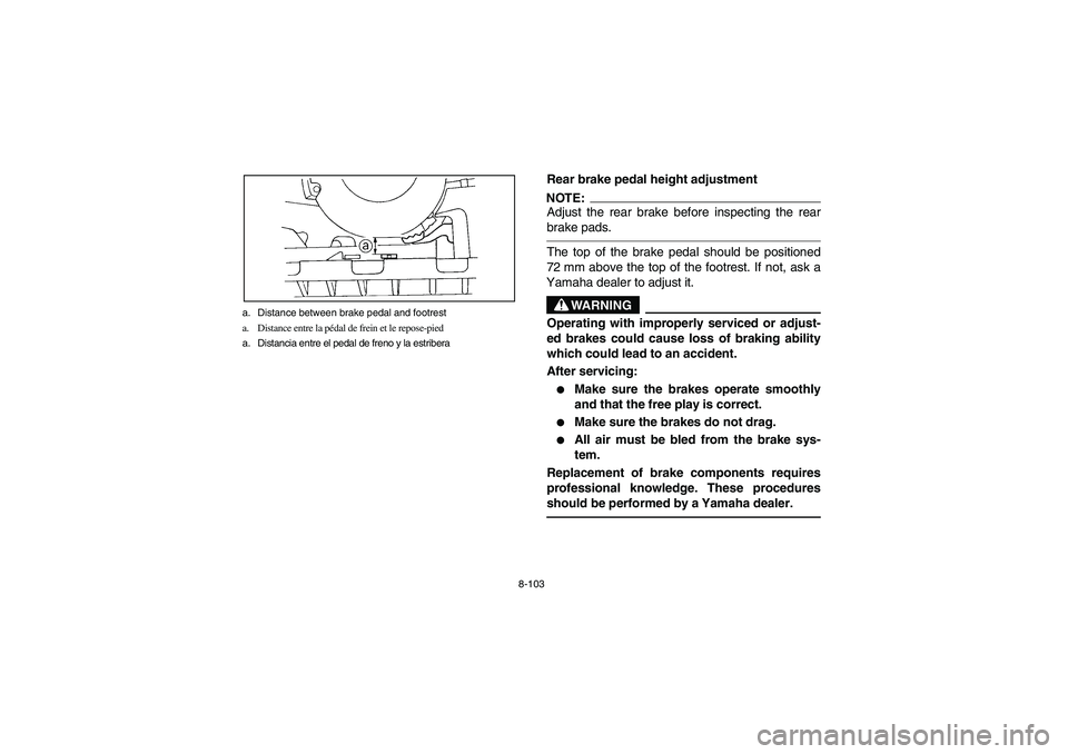 YAMAHA GRIZZLY 660 2004 Manuale de Empleo (in Spanish) 8-103 a. Distance between brake pedal and footrest
a. Distance entre la pédal de frein et le repose-pied
a. Distancia entre el pedal de freno y la estribera
Rear brake pedal height adjustmentNOTE:_ A YAMAHA GRIZZLY 660 2004 Manuale de Empleo (in Spanish) 8-103 a. Distance between brake pedal and footrest
a. Distance entre la pédal de frein et le repose-pied
a. Distancia entre el pedal de freno y la estribera
Rear brake pedal height adjustmentNOTE:_ A
