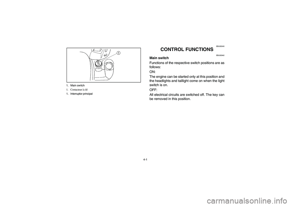 YAMAHA GRIZZLY 660 2004  Owners Manual 4-1 1. Main switch
1. Contacteur à clé
1. Interruptor principal
EBU00040
CONTROL FUNCTIONS
EBU00942
Main switch
Functions of the respective switch positions are as
follows: 
ON: 
The engine can be s