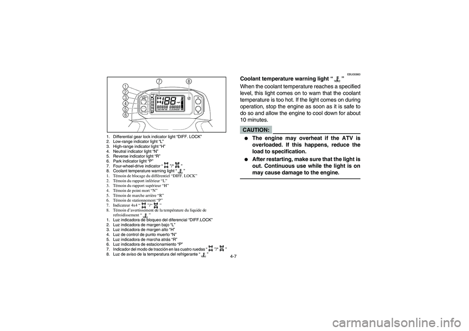 YAMAHA GRIZZLY 660 2004  Owners Manual 4-7
EBU00860
Coolant temperature warning light “”
When the coolant temperature reaches a specified
level, this light comes on to warn that the coolant
temperature is too hot. If the light comes on