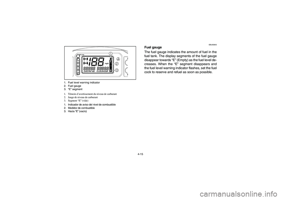 YAMAHA GRIZZLY 660 2004  Owners Manual 4-15 1. Fuel level warning indicator
2. Fuel gauge
3.“E” segment
1. Témoin d’avertissement du niveau de carburant
2. Jauge de niveau de carburant
3. Segment “E” (vide)
1. Indicador de aviso