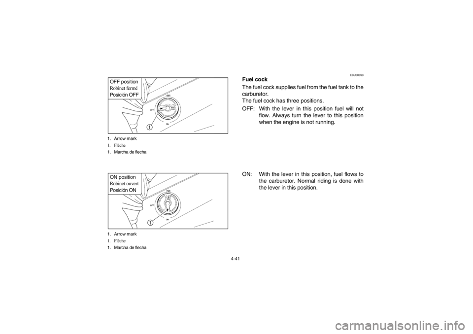 YAMAHA GRIZZLY 660 2003  Owners Manual 4-41 1. Arrow mark
1. Flèche
1. Marcha de flecha
OFF position
Robinet fermé
Posición OFF1. Arrow mark
1. Flèche
1. Marcha de flechaON position
Robinet ouvert
Posición ON
EBU00093
Fuel cock
The fu