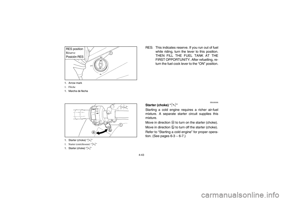 YAMAHA GRIZZLY 660 2003  Owners Manual 4-43 1. Arrow mark
1. Flèche
1. Marcha de flecha
RES position
Réserve
Posición RES1. Starter (choke) “”
1. Starter (enrichisseur) “”
1. Starter (choke) “”
RES: This indicates reserve. I