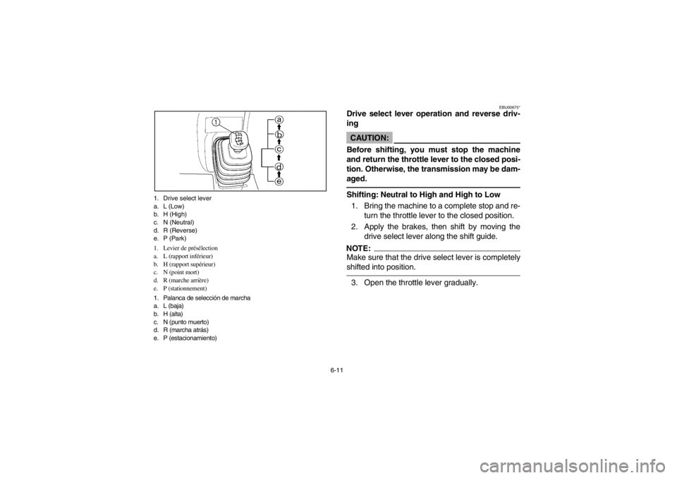 YAMAHA GRIZZLY 660 2003  Notices Demploi (in French) 6-11 1. Drive select lever
a. L (Low)
b. H (High)
c. N (Neutral)
d. R (Reverse)
e. P (Park)
1. Levier de présélection
a. L (rapport inférieur)
b. H (rapport supérieur)
c. N (point mort)
d. R (marc