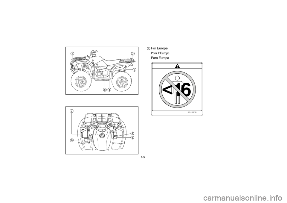 YAMAHA GRIZZLY 660 2003 Owners Guide 1-5
6For Europe
Pour l’Europe
Para Europa
5FK-21697-00
<
16
U5KM60.book  Page 5  Thursday, June 21, 2001  2:40 PM 