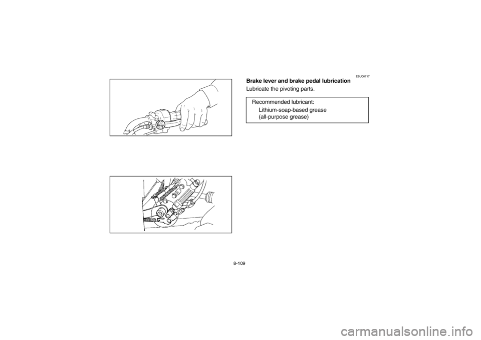 YAMAHA GRIZZLY 660 2003  Owners Manual 8-109
EBU00717
Brake lever and brake pedal lubrication
Lubricate the pivoting parts.
Recommended lubricant:
Lithium-soap-based grease 
(all-purpose grease)
U5KM60.book  Page 109  Thursday, June 21, 20