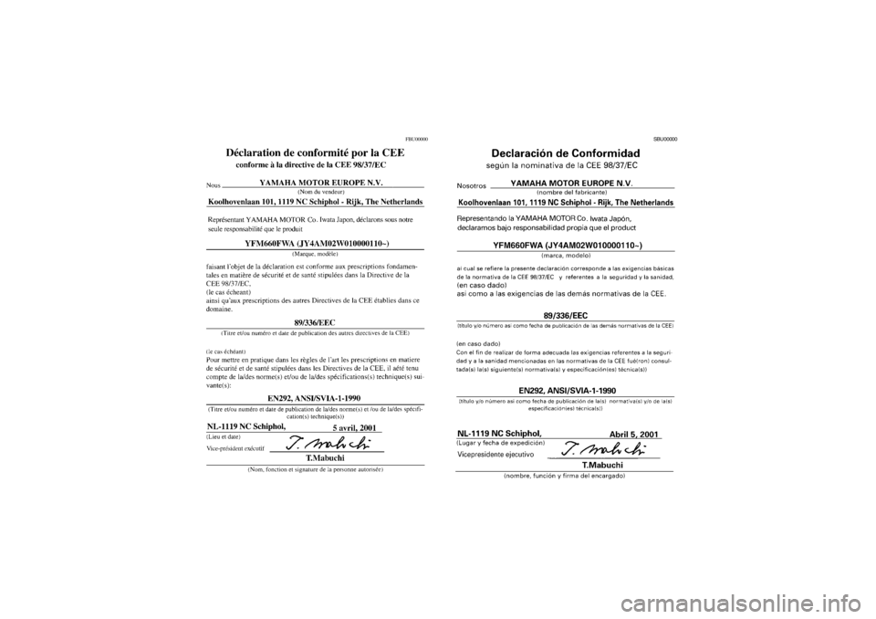 YAMAHA GRIZZLY 660 2003  Notices Demploi (in French) FBU00000
SBU00000
U5KM60.book  Page 3  Thursday, June 21, 2001  2:40 PM 