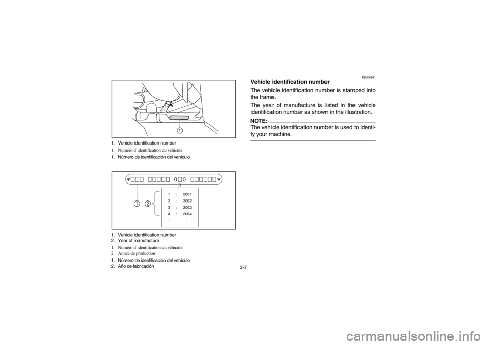 YAMAHA GRIZZLY 660 2003 Workshop Manual 3-7 1. Vehicle identification number
1. Numéro d’identification du véhicule
1. Número de identificación del vehículo
1. Vehicle identification number
2. Year of manufacture
1. Numéro d’ident