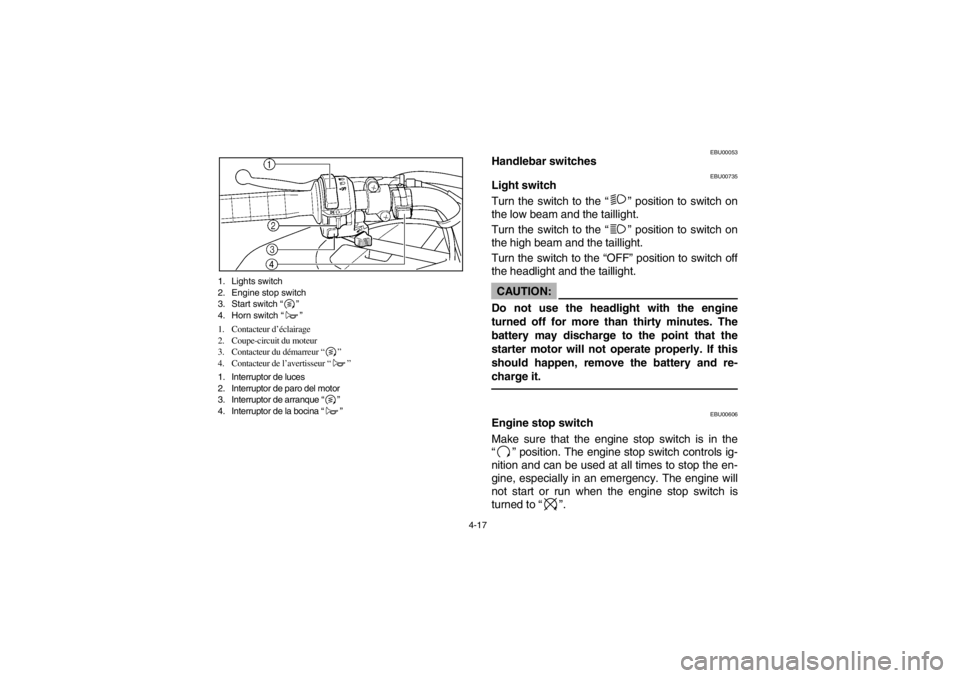 YAMAHA GRIZZLY 660 2003 Notices Demploi (in French) 4-17 1. Lights switch
2. Engine stop switch
3. Start switch “”
4. Horn switch “”
1. Contacteur d’éclairage
2. Coupe-circuit du moteur
3. Contacteur du démarreur “”
4. Contacteur de YAMAHA GRIZZLY 660 2003 Notices Demploi (in French) 4-17 1. Lights switch
2. Engine stop switch
3. Start switch “”
4. Horn switch “”
1. Contacteur d’éclairage
2. Coupe-circuit du moteur
3. Contacteur du démarreur “”
4. Contacteur de