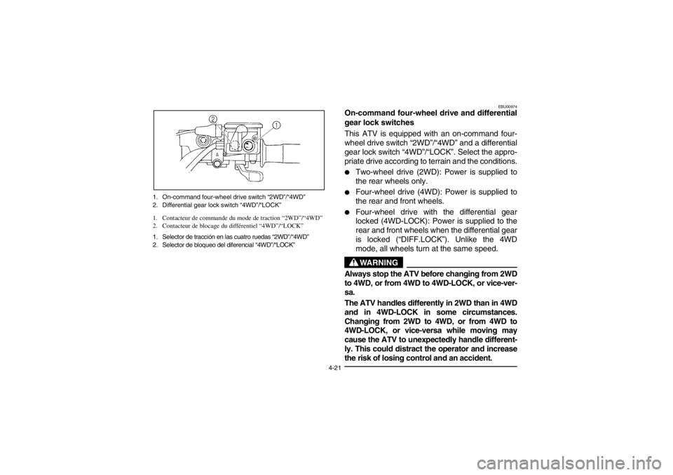 YAMAHA GRIZZLY 660 2003 Manual Online 4-21 1. On-command four-wheel drive switch “2WD”/“4WD”
2. Differential gear lock switch “4WD”/“LOCK”
1. Contacteur de commande du mode de traction “2WD”/“4WD”
2. Contacteur de YAMAHA GRIZZLY 660 2003 Manual Online 4-21 1. On-command four-wheel drive switch “2WD”/“4WD”
2. Differential gear lock switch “4WD”/“LOCK”
1. Contacteur de commande du mode de traction “2WD”/“4WD”
2. Contacteur de