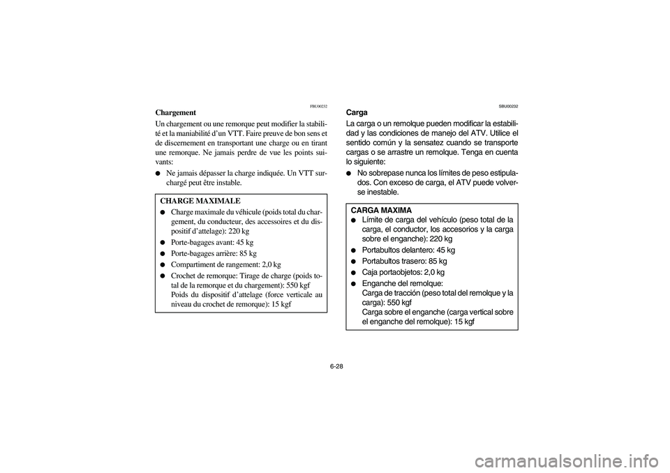 YAMAHA GRIZZLY 660 2003  Manuale de Empleo (in Spanish) 6-28
FBU00232
Chargement
Un chargement ou une remorque peut modifier la stabili-
té et la maniabilité d’un VTT. Faire preuve de bon sens et
de discernement en transportant une charge ou en tirant
