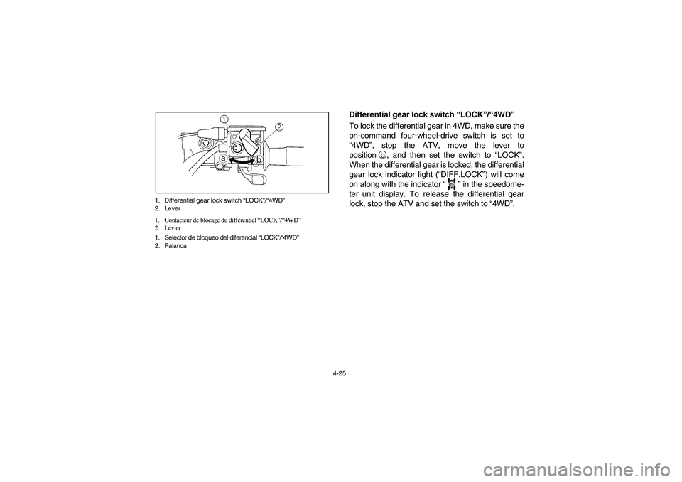 YAMAHA GRIZZLY 660 2003 Manuale de Empleo (in Spanish) 4-25 1. Differential gear lock switch “LOCK”/“4WD”
2. Lever
1. Contacteur de blocage du différentiel “LOCK”/“4WD”
2. Levier
1. Selector de bloqueo del diferencial “LOCK”/“4WD” YAMAHA GRIZZLY 660 2003 Manuale de Empleo (in Spanish) 4-25 1. Differential gear lock switch “LOCK”/“4WD”
2. Lever
1. Contacteur de blocage du différentiel “LOCK”/“4WD”
2. Levier
1. Selector de bloqueo del diferencial “LOCK”/“4WD”