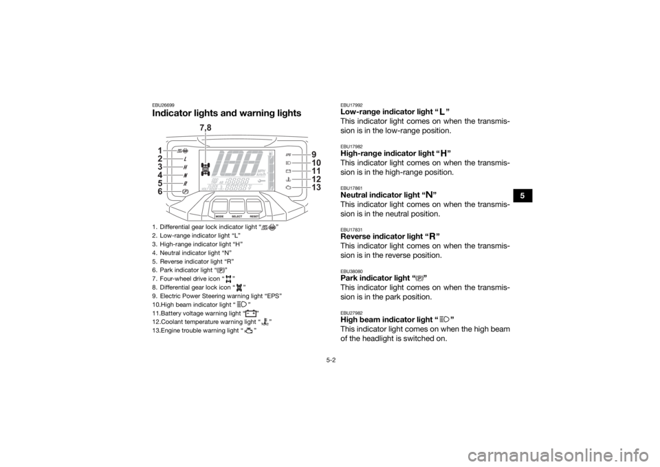 YAMAHA GRIZZLY 700 2022 Owners Manual 5-2
5
EBU26699Indicator lights and warning lights
EBU17992Low-range indicator light “ ”
This indicator light comes on when the transmis-
sion is in the low-range position.EBU17982High-range indic YAMAHA GRIZZLY 700 2022 Owners Manual 5-2
5
EBU26699Indicator lights and warning lights
EBU17992Low-range indicator light “ ”
This indicator light comes on when the transmis-
sion is in the low-range position.EBU17982High-range indic