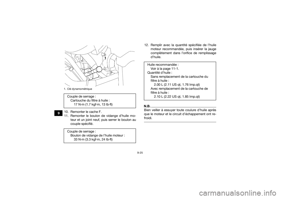 YAMAHA GRIZZLY 700 2022  Notices Demploi (in French) 9-25
910. Remonter le cache F.
11. Remonter le boulon de vidange d’huile mo-
teur et un joint neuf, puis serrer le boulon au
couple spécifié. 12. Remplir avec la quantité spécifiée de l’huile