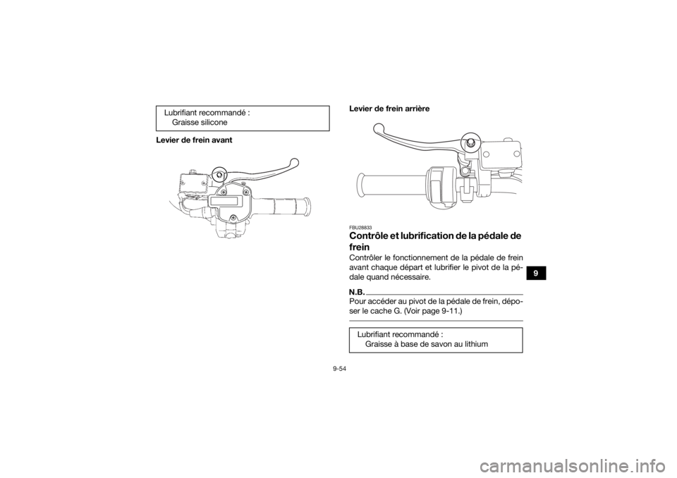 YAMAHA GRIZZLY 700 2022  Notices Demploi (in French) 9-54
9
Levier de frein avant
Levier de frein arrière
FBU28833Contrôle et lubrification de la pédale de 
freinContrôler le fonctionnement de la pédale de frein
avant chaque départ et lubrifier le