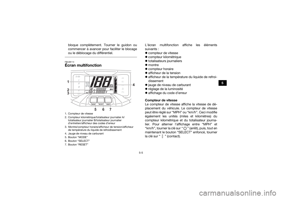 YAMAHA GRIZZLY 700 2022 Notices Demploi (in French) 5-5
5
bloque complètement. Tourner le guidon ou
commencer à avancer pour faciliter le blocage
ou le déblocage du différentiel.
FBU38114Écran multifonction
L’écran multifonction affiche les YAMAHA GRIZZLY 700 2022 Notices Demploi (in French) 5-5
5
bloque complètement. Tourner le guidon ou
commencer à avancer pour faciliter le blocage
ou le déblocage du différentiel.
FBU38114Écran multifonction
L’écran multifonction affiche les