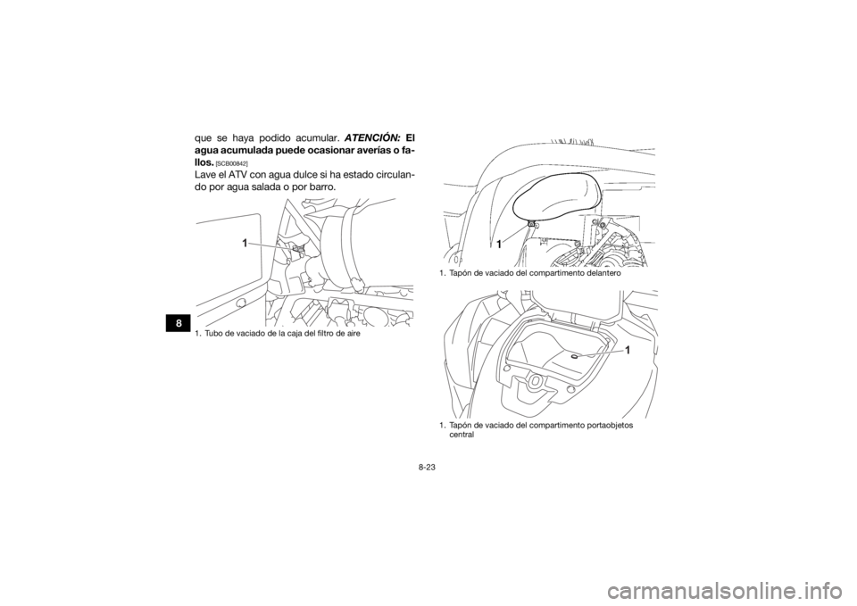 YAMAHA GRIZZLY 700 2021  Manuale de Empleo (in Spanish) 8-23
8que se haya podido acumular. 
ATENCIÓN: El
agua acumulada puede ocasionar averías o fa-
llos.
 [SCB00842]
Lave el ATV con agua dulce si ha estado circulan-
do por agua salada o por barro.1. Tu