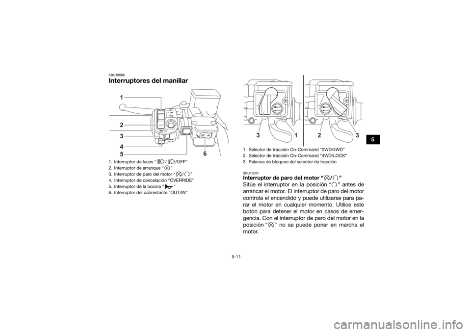 YAMAHA GRIZZLY 700 2021 Manuale de Empleo (in Spanish) 5-11
5
SBU18068Interruptores del manillar
SBU18081Interruptor de paro del motor “ / ”
Sitúe el interruptor en la posición “ ” antes de
arrancar el motor. El interruptor de paro del motor
con YAMAHA GRIZZLY 700 2021 Manuale de Empleo (in Spanish) 5-11
5
SBU18068Interruptores del manillar
SBU18081Interruptor de paro del motor “ / ”
Sitúe el interruptor en la posición “ ” antes de
arrancar el motor. El interruptor de paro del motor
con